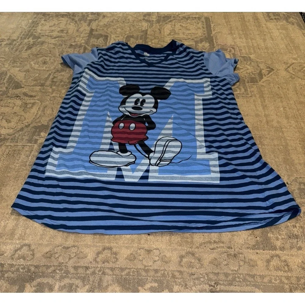 Disney Mickey Mouse Blue‎ V Neck Striped T-shirt Sleep Shirt Womens XL/XXL